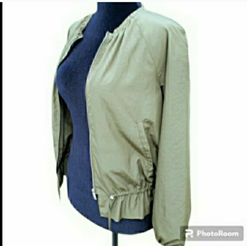 Zara Jacket Olive Green Zip Front Windbreaker Cinch Waist - Picture 2 of 9